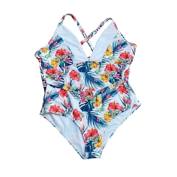 SHEIN Plus Size 4XL One Piece Bathing Suit Floral Tropical Gold Hardware Belt - Picture 1 of 9